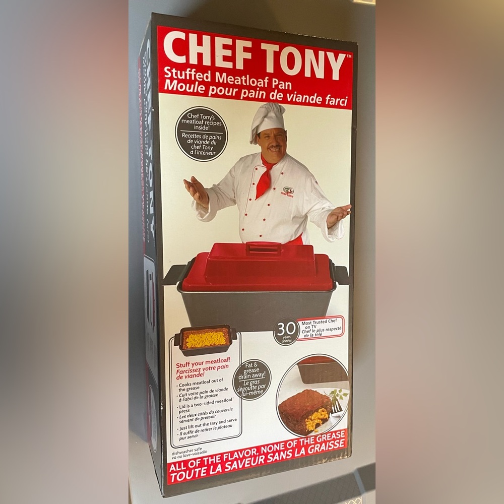 NIB Chef Tony Stuffed Meatloaf Pan Baking Pan, Drip Tray, Cavity & Seal Press